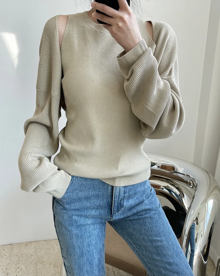 Women Slimming Round Neck Hollow Solid Color Casual Sweater - yankia