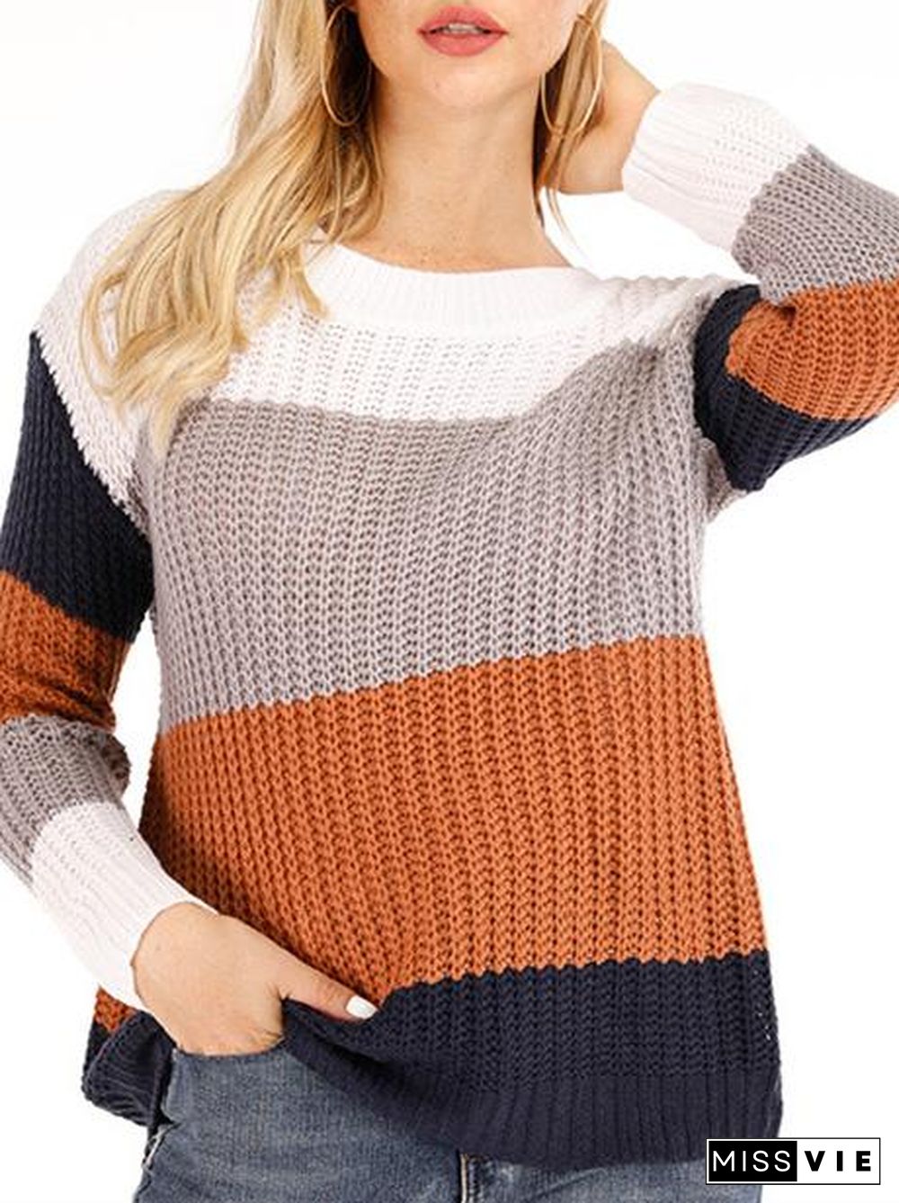 Women's Scoop Neck Long Sleeve Striped Stitching Sweater Top