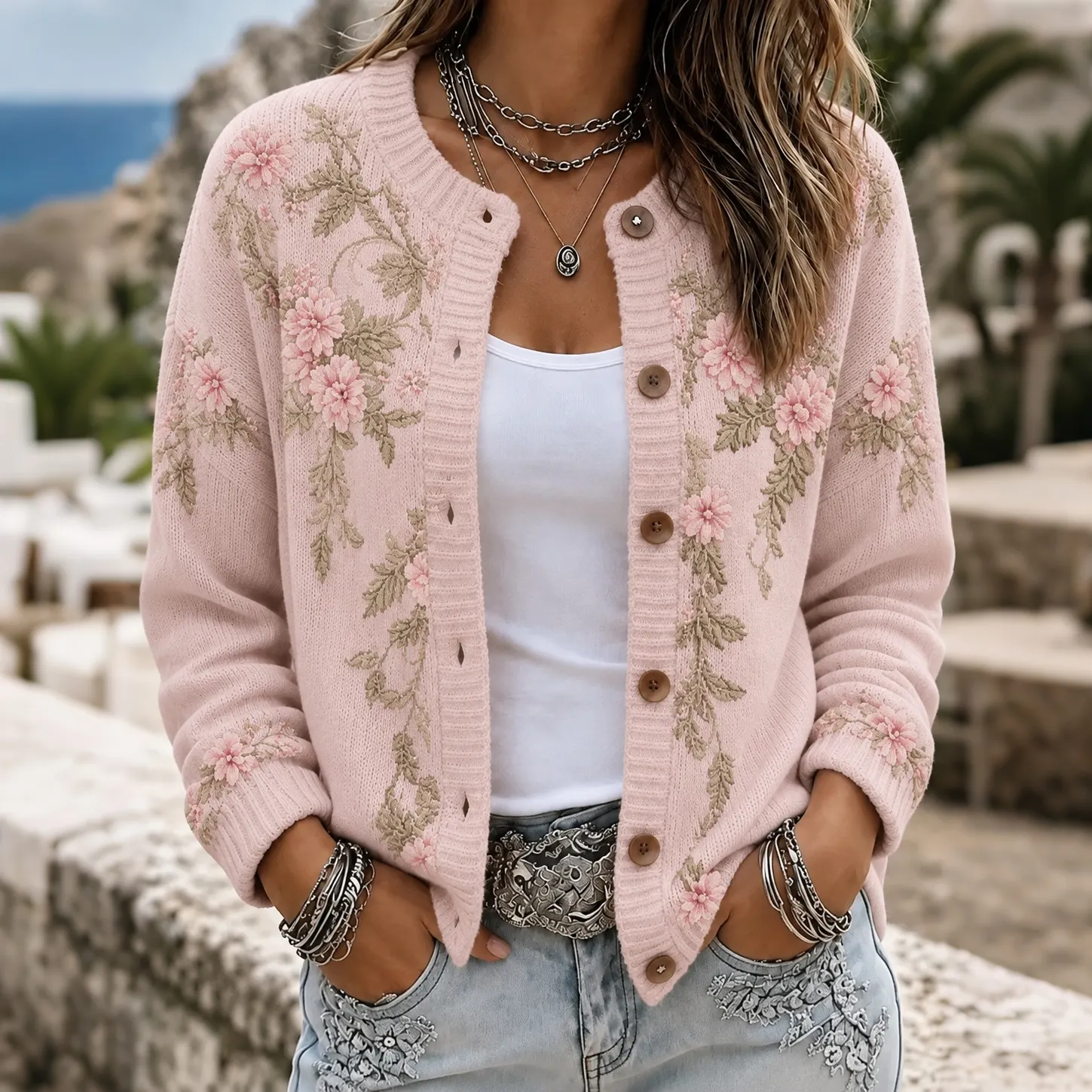 Comstylish Women's Vintage Pink Floral Print Long Sleeve Cozy Knit Cardigan
