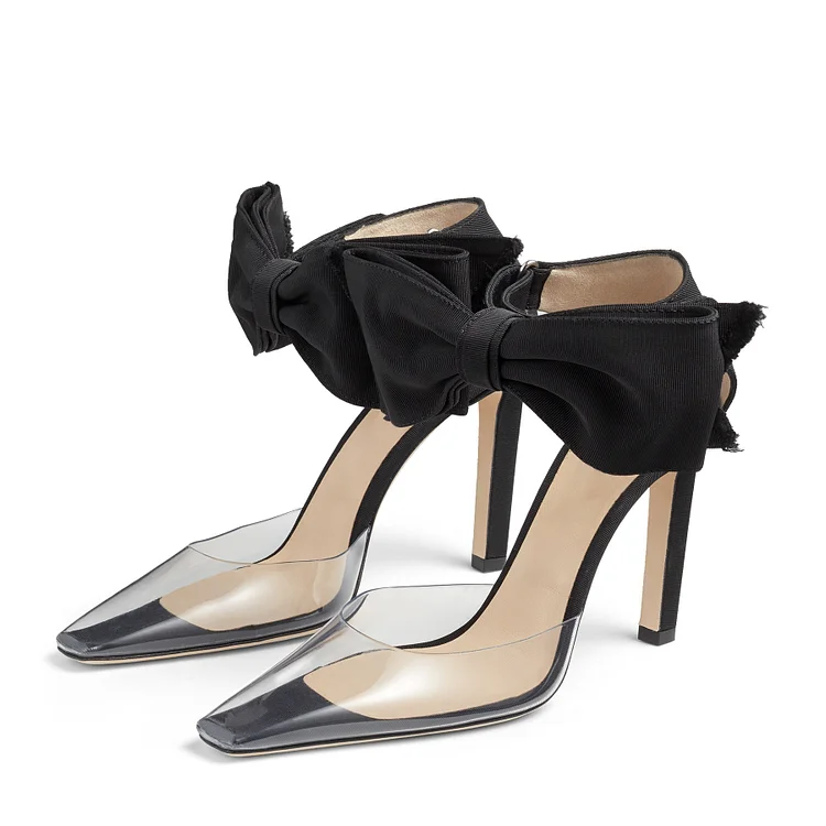 Black Bow Ankle Strap Heels transparent PVC Chunky Heel Pumps |FSJ Shoes