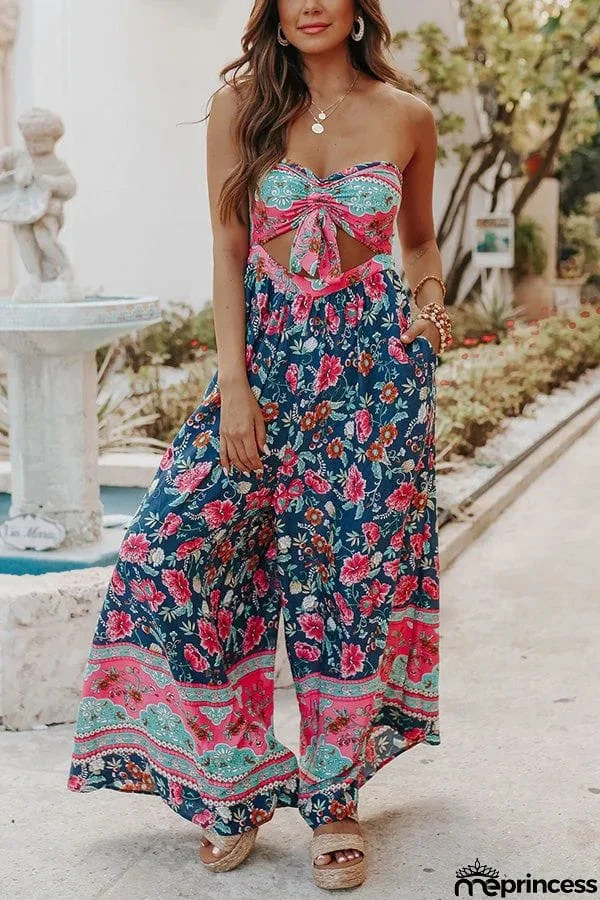 Found My Forever Strapless Navy Mixed Print Jumpsuit