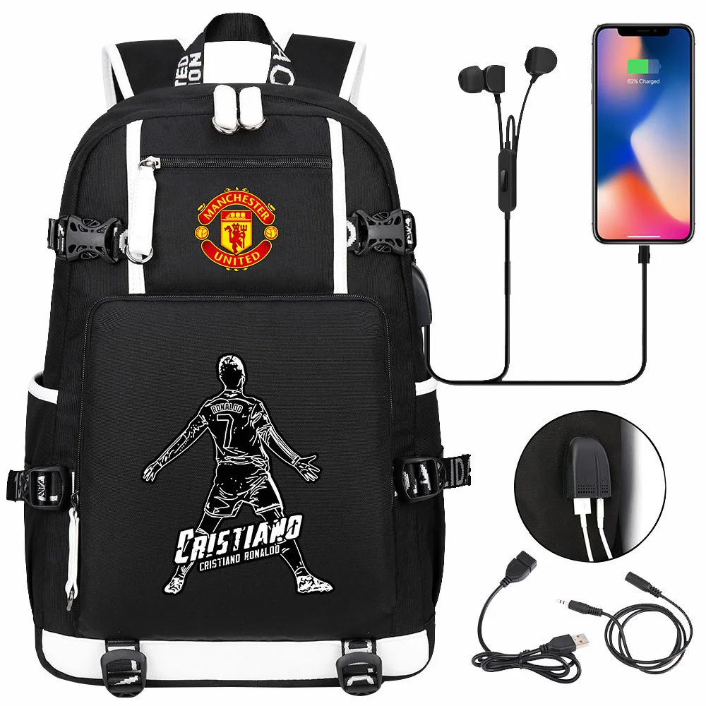 Showcase Your Soccer Spirit with the Cristiano Ronaldo Themed Backpack - USB Charging, 15-inch Laptop Storage & Double-Sided Pockets!