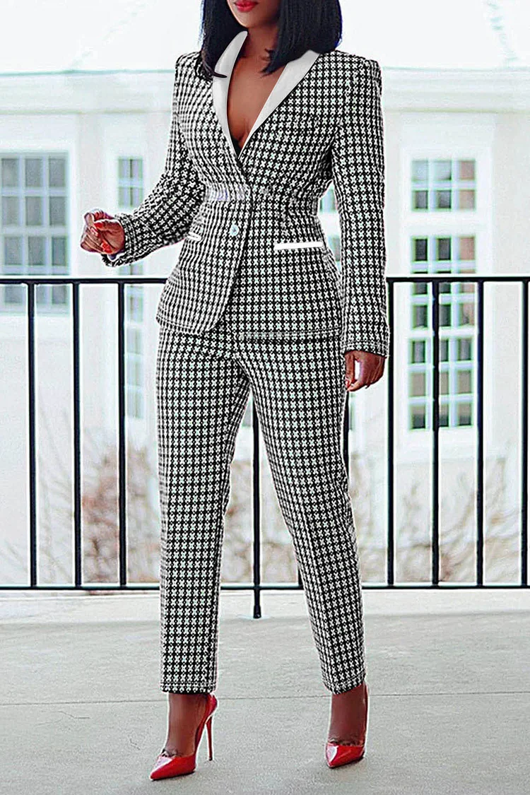 Plus Size Semi Formal Pant Set Black Plaid Lapel Collar Long Sleeve Two Piece Pant Set [Pre-Order]
