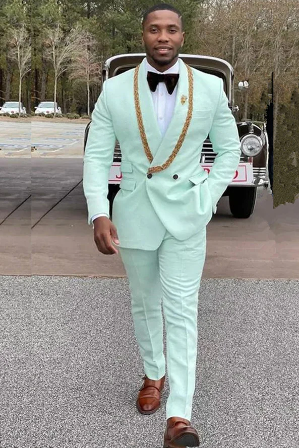 Conor Mint Green Fashion Style Shawl Lapel Double Breasted Wedding Suits with Appliques