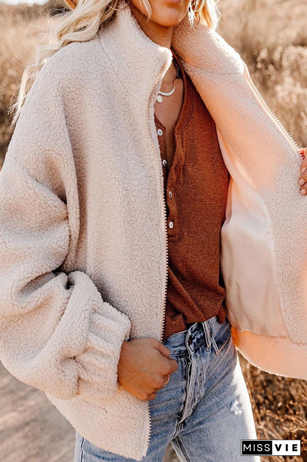 Stand Collar Solid Color Fluffy Coat