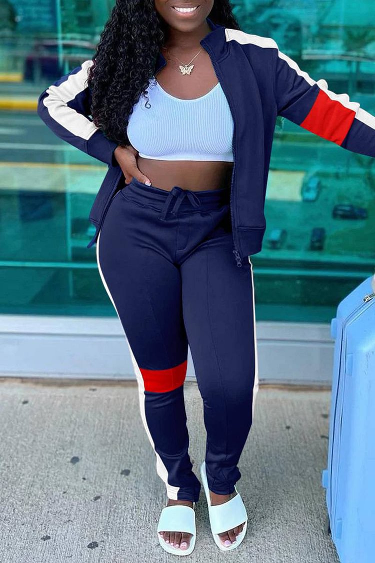 Xpluswear Plus Size Sporty Colorblock Long Sleeves Two Pieces Set