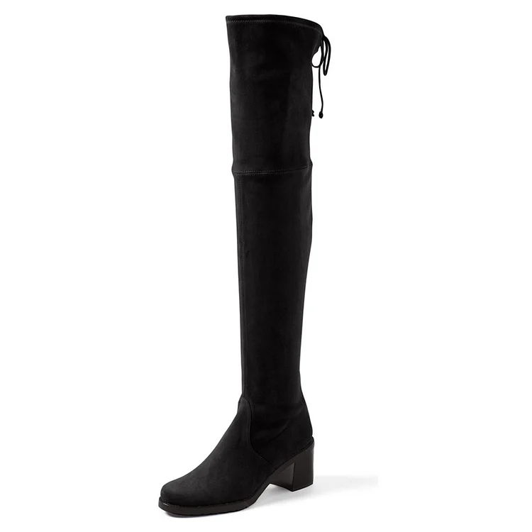 Black Long Boots Vegan Suede Chunky Heel Women's Thigh-high Boots |FSJ Shoes