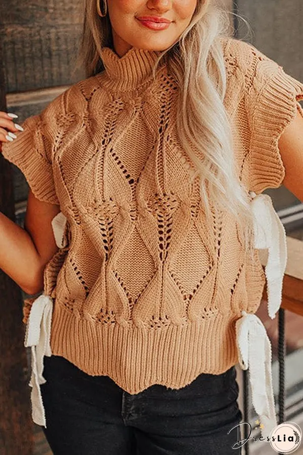 Light French Beige Hollowed Knit Scalloped Trim High Neck Sweater