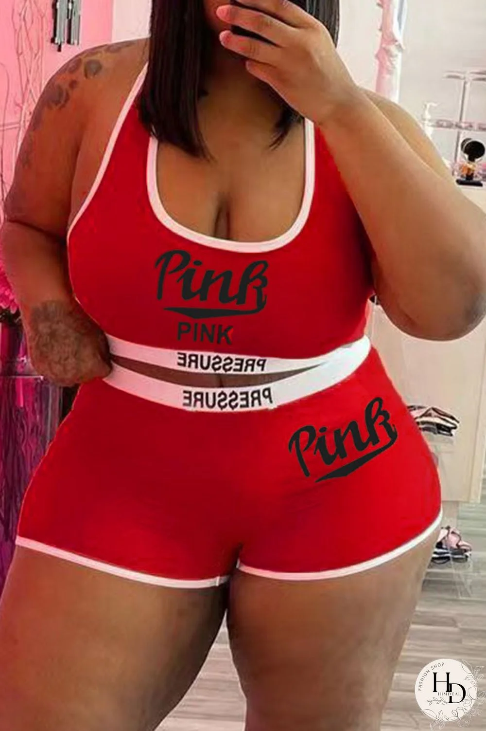 Blue Casual Letter Print Patchwork Spaghetti Strap Plus Size Two Pieces