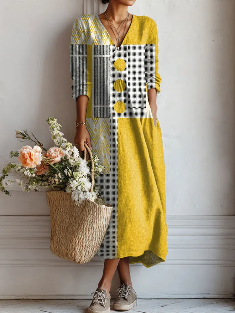 Women's Vintage Abstract Geometry  Art Print Linen Pocket Tunic Dress