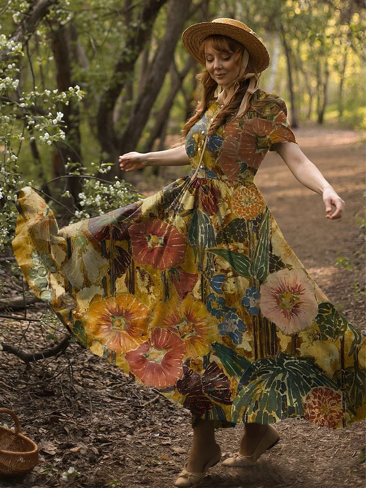 Women's Vintage Floral Art Illustration Print Dress