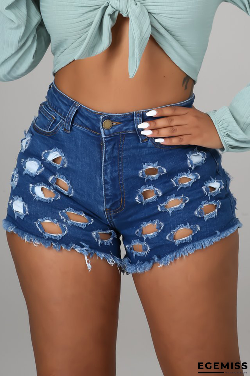 The cowboy blue Sexy Solid Ripped Mid Waist Skinny Denim Shorts | EGEMISS