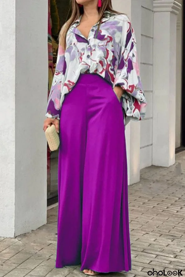 Casual Print Shirt & Wide Leg Pants Two-Piece Set