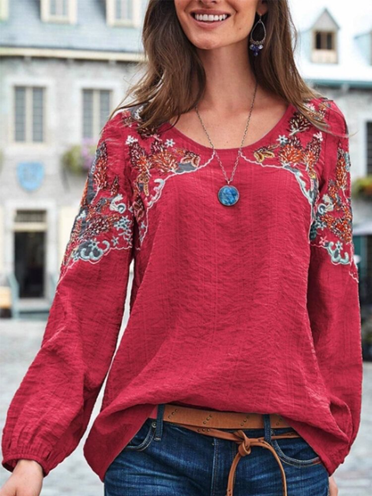 Vintage Embroidery Floral Long Sleeve Casual Blouse P1586095