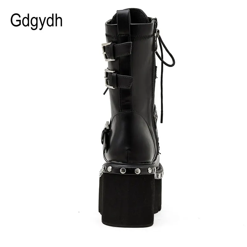 Gdgydh 2021 Spring Lace-Up Motorcycle Boots For Women Round Toe Thick Platform High Heels Female Ankle Boots Gothic Style Shoes