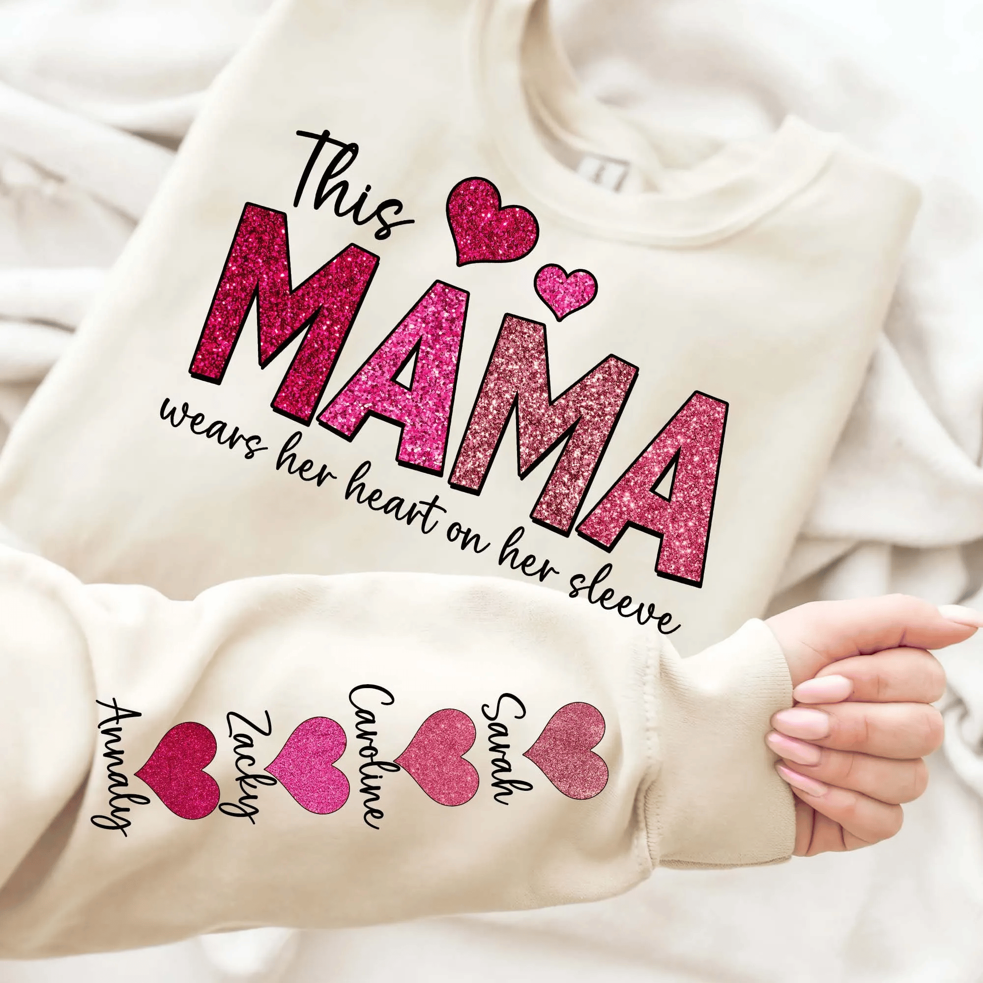 Loveyoufancy This Mama Wears Her Heart on Her Sleeve Custom Crewneck Sweatshirt