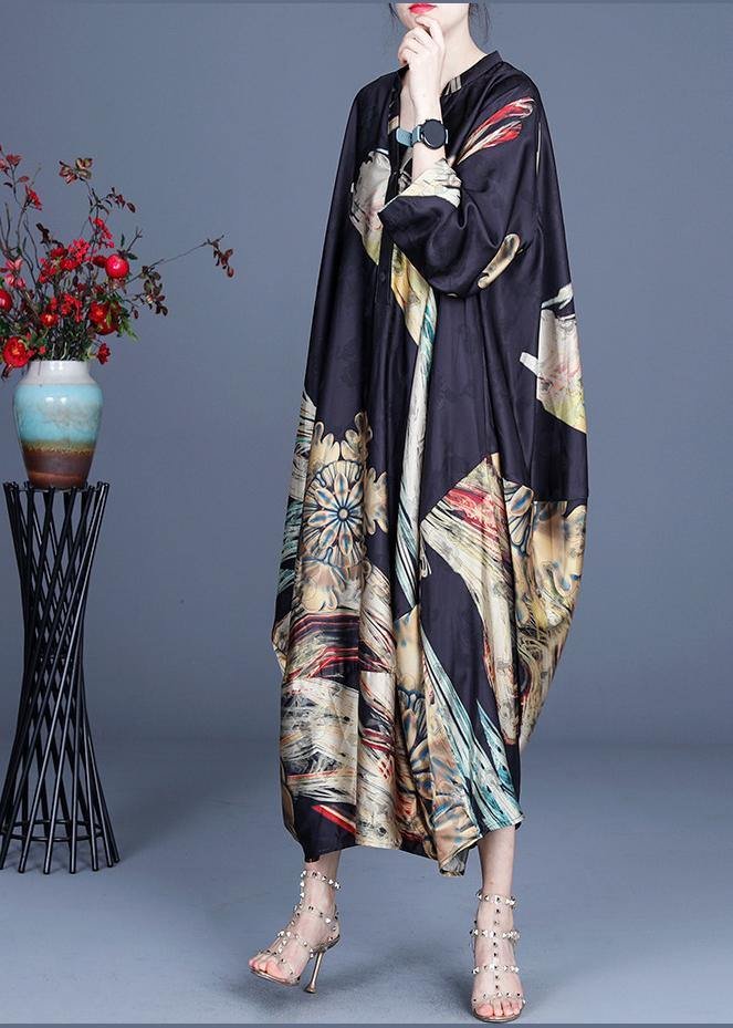 Italian Black Print Button Summer  Chiffon Dress