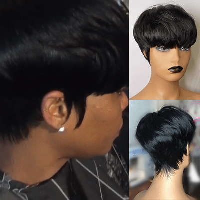 Jewtribute Hair®|Black Short Wavy Bob Pixie Cut With Bangs