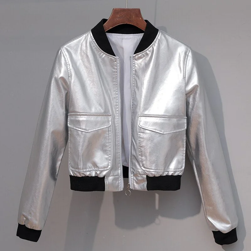 FTLZZ 2020 New Autumn Women Short Silver Pu Faux Leather Jacket O-neck Zipper Long Sleeve Motorcycle Biker Slim Coat Outwear