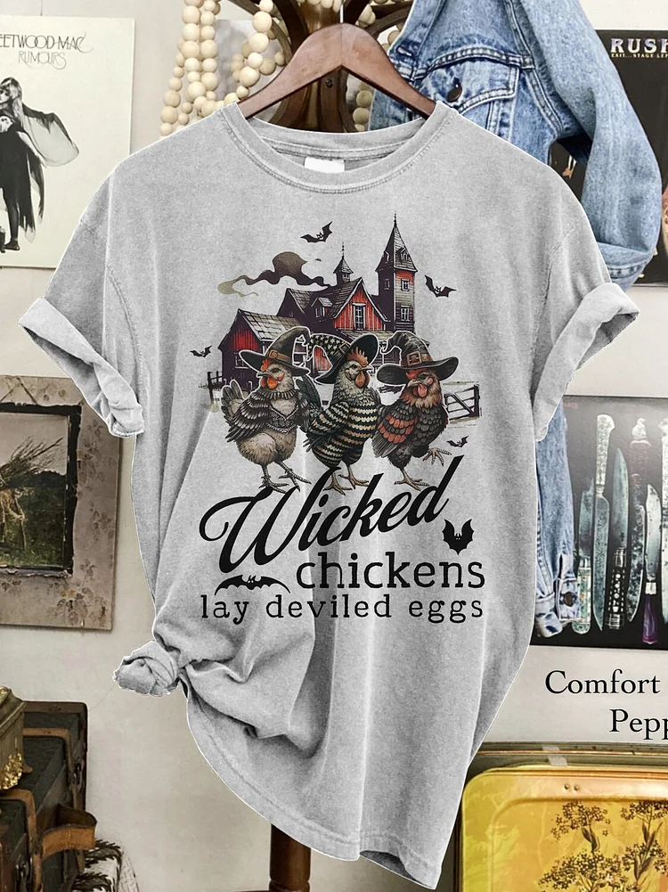 Women's Halloween Wicked Chickens Lay Deviled Eggs Art Print Cotton Casual T-Shirt