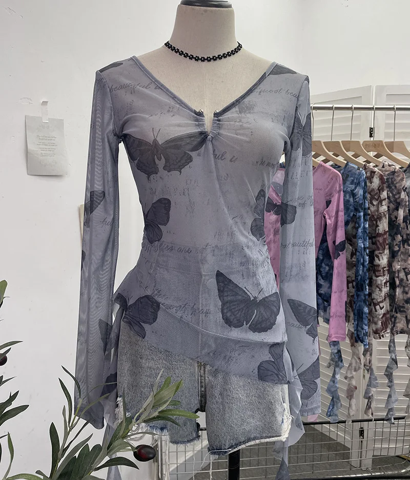 Churchf Dizziness Printing Mesh T-Shirt T-Shirt Irregular Lotus Leaf Side Ribbon Short Coat 9927