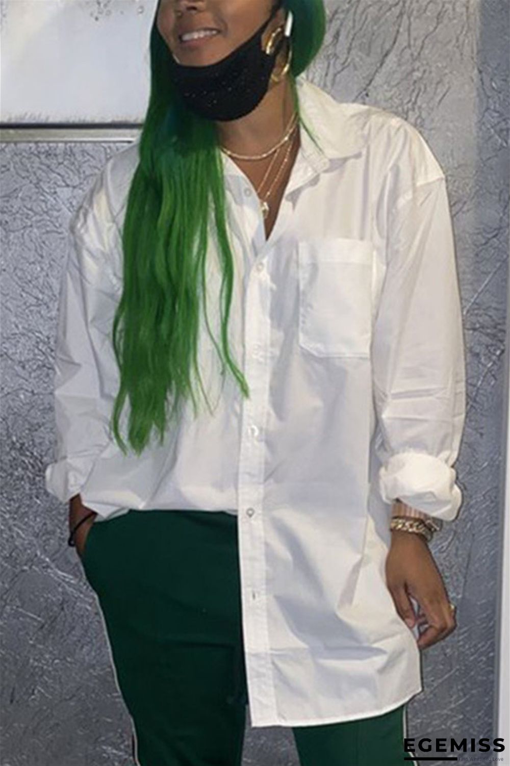 White Fashion Casual Turndown Collar Long Sleeve Regular Sleeve Regular Letter Print Tops | EGEMISS