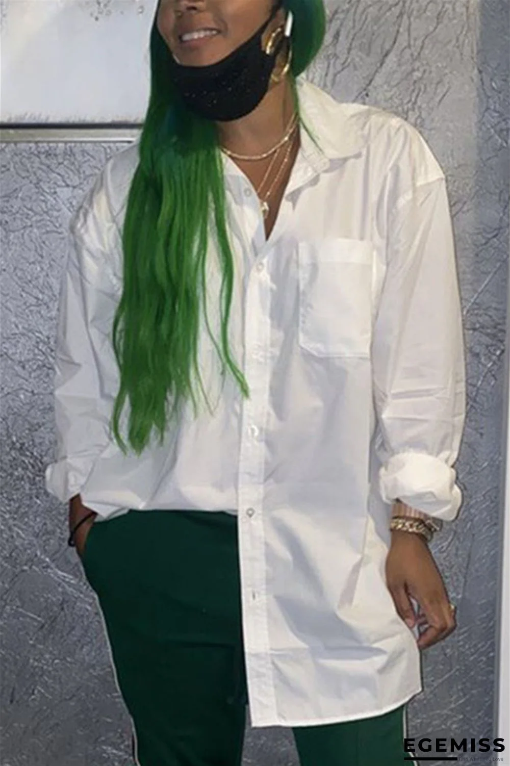 White Fashion Casual Turndown Collar Long Sleeve Regular Sleeve Regular Letter Print Tops | EGEMISS