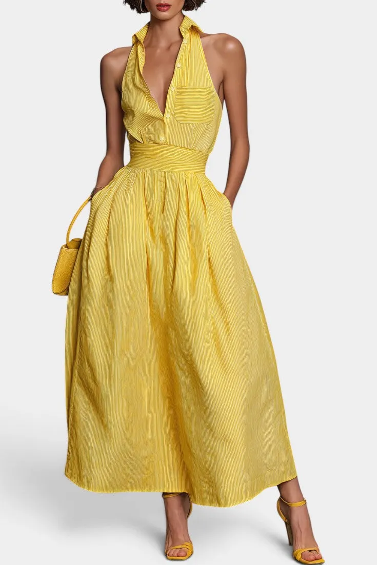 Halter Neck Striped Maxi Dress with Belt