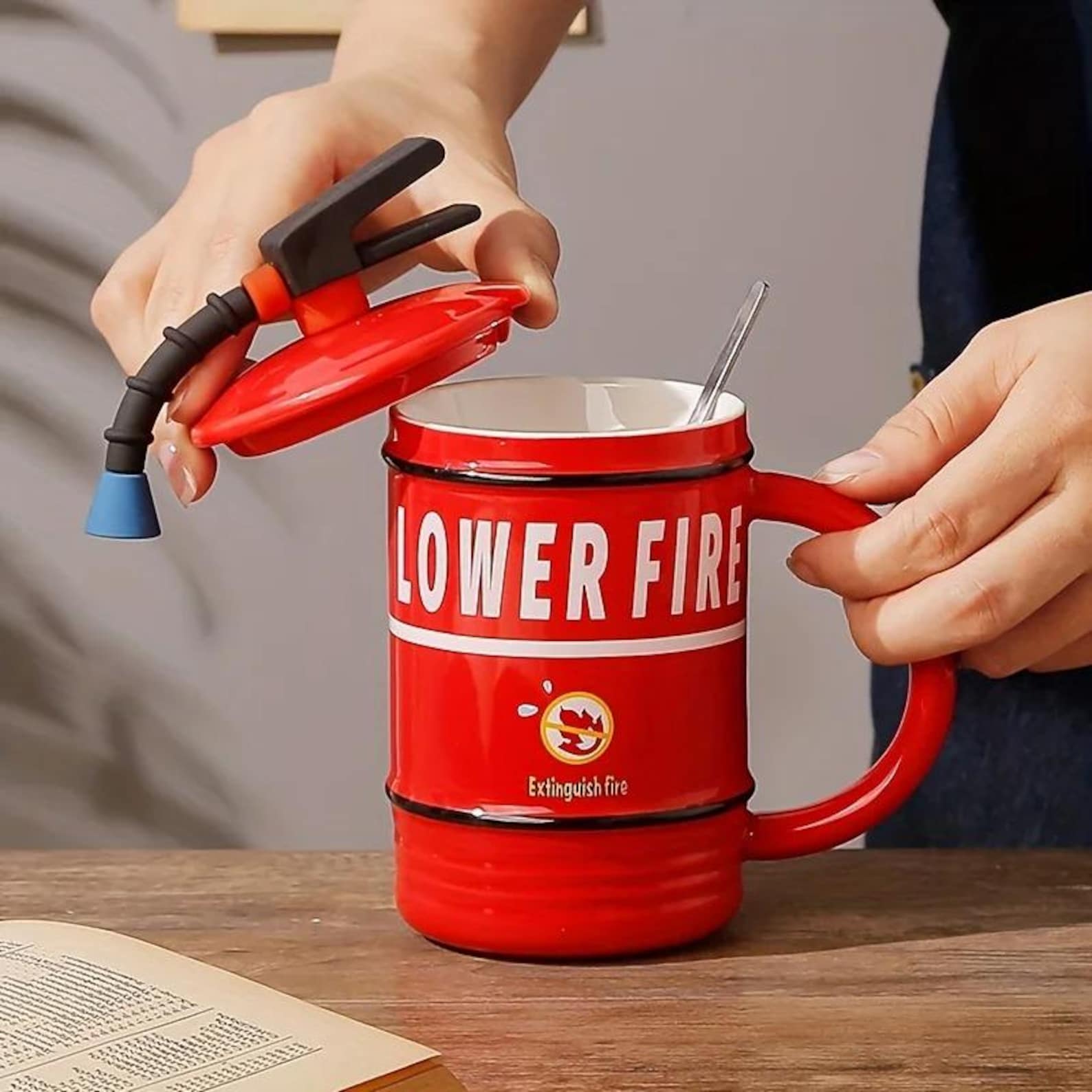 Fire Extinguisher Style Coffee Mug with Lid and Spoon