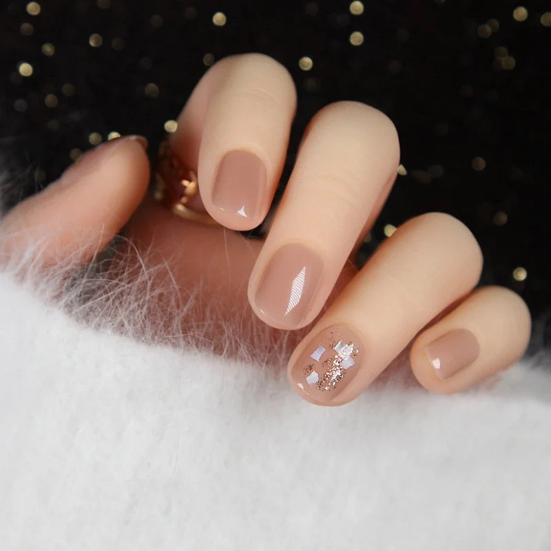 24pcs Nude Color press on nails short Paillette Gold Foil Woman Wearable Fake Nails with Glue Girls Daily Decoration Fingernail