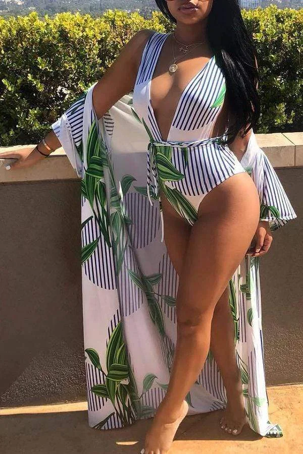 White Striped Printed One-piece Swimwear(With Cover-up)