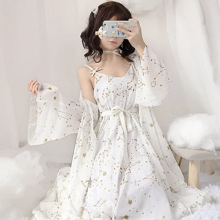 Meteorite Print Slip Dress Cardigan Two Pieces - Modakawa Modakawa
