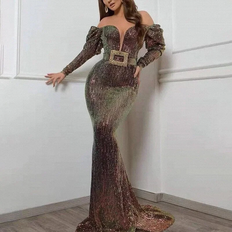 Cyber Monday Big Sales 2023New Sexy High-End Off Shoulder Long Sleeve Classic Evening Dress With Deep V Neck And Square Buckle Belt Women Evening Dress