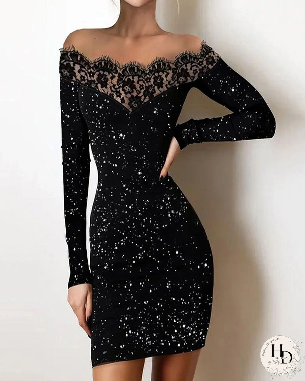 Women Black Lace Splicing V-Neck Bodycon Dress S-XXL