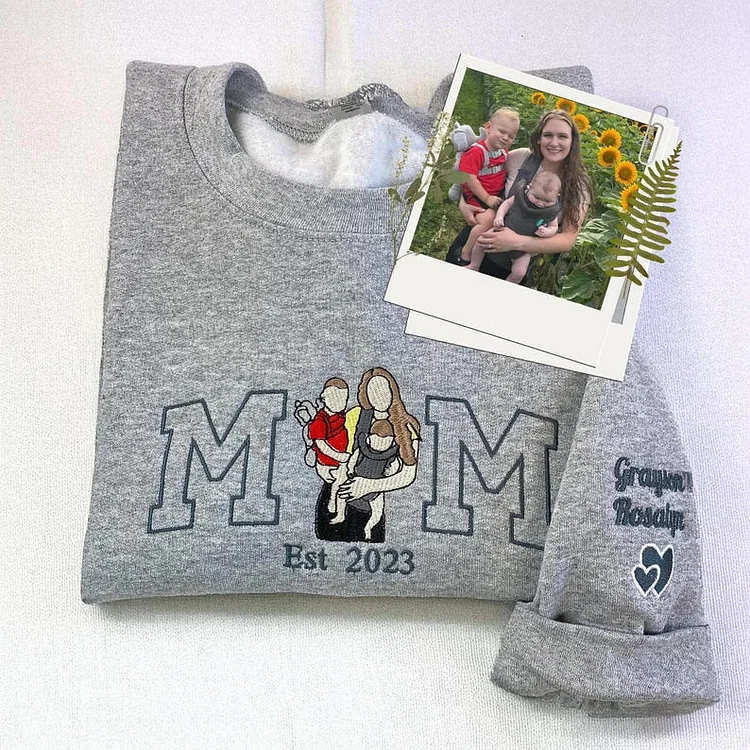 Custom Embroidered Sweatshirt Hoodie Mama and Kids Portrait with Photo - Mother's Day Gifts