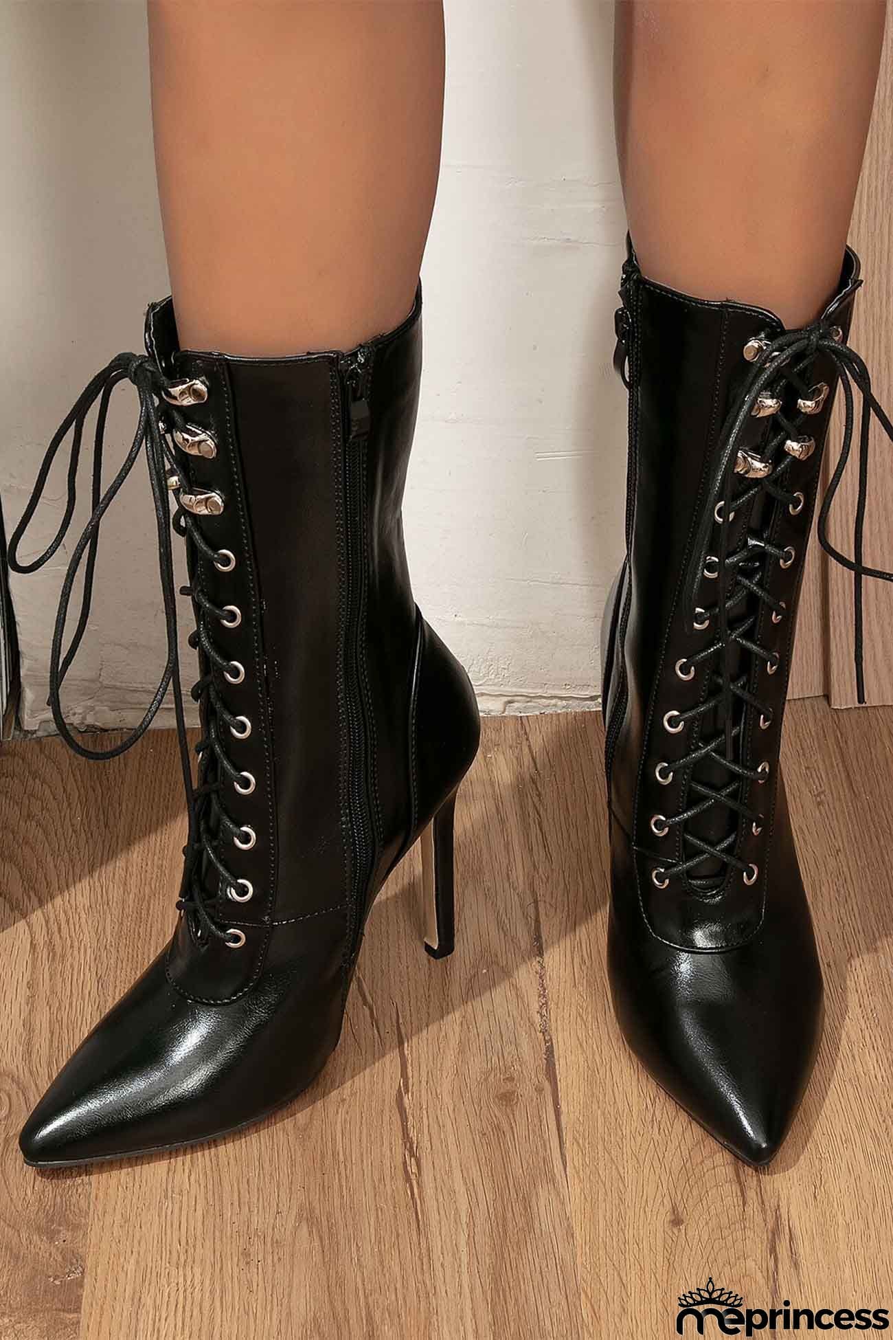 Pointed Toe Lace Up Mid-Calf Boots