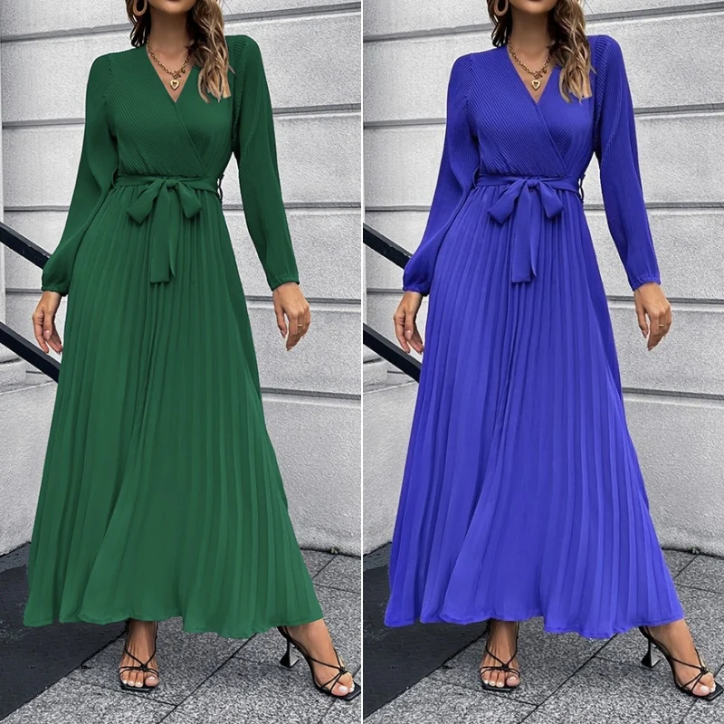 Women's Pleated V-Neck Waist-Strap Long Sleeve Maxi Dress | ARKGET
