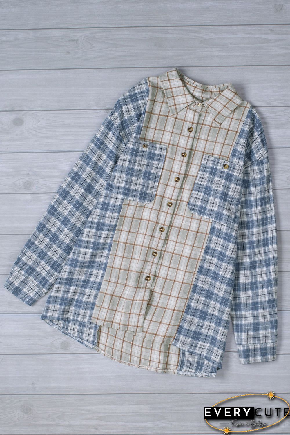 Sky Blue Plaid Color Block Pocket Button-up Long Sleeve Shirt