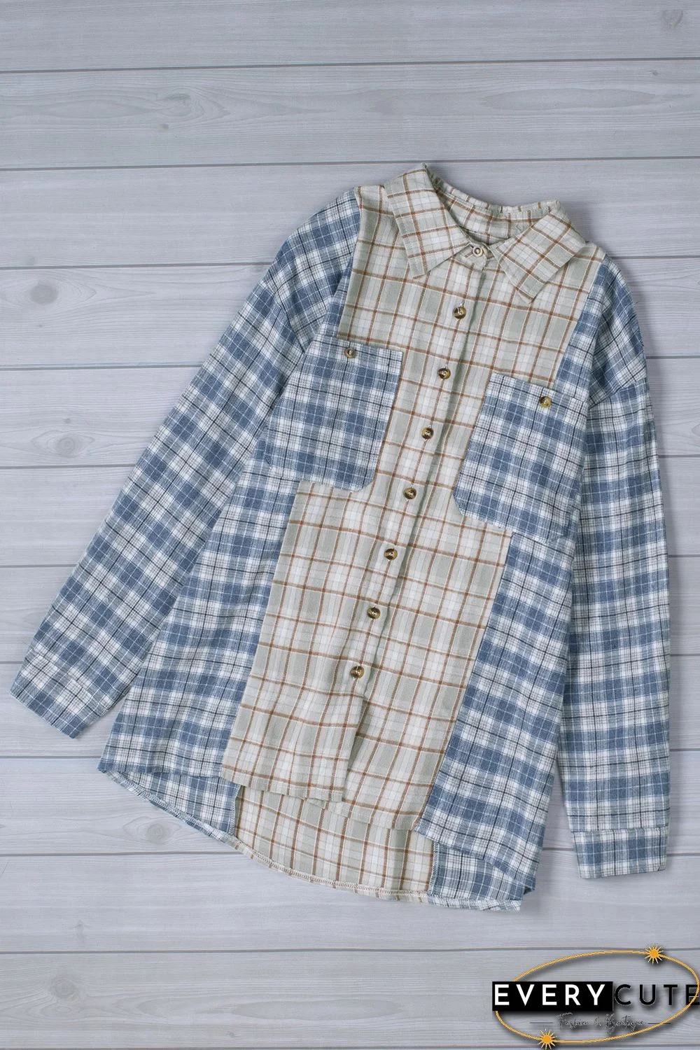 Sky Blue Plaid Color Block Pocket Button-up Long Sleeve Shirt
