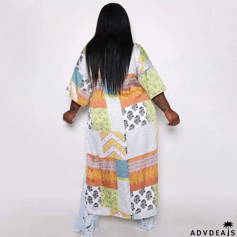 Plus Size Printed V Neck Loose Vacation Maxi Dress