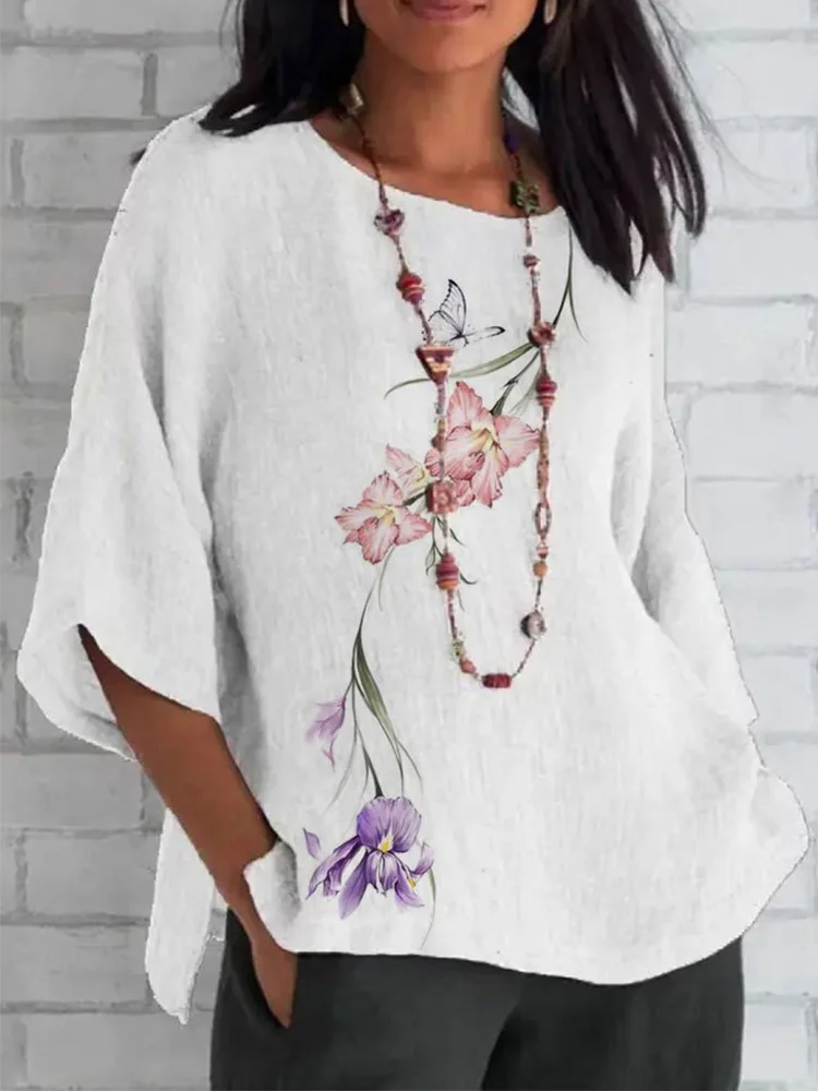 Floral Digital Printed round Neck Half Sleeve Loose Cotton and Linen T ...