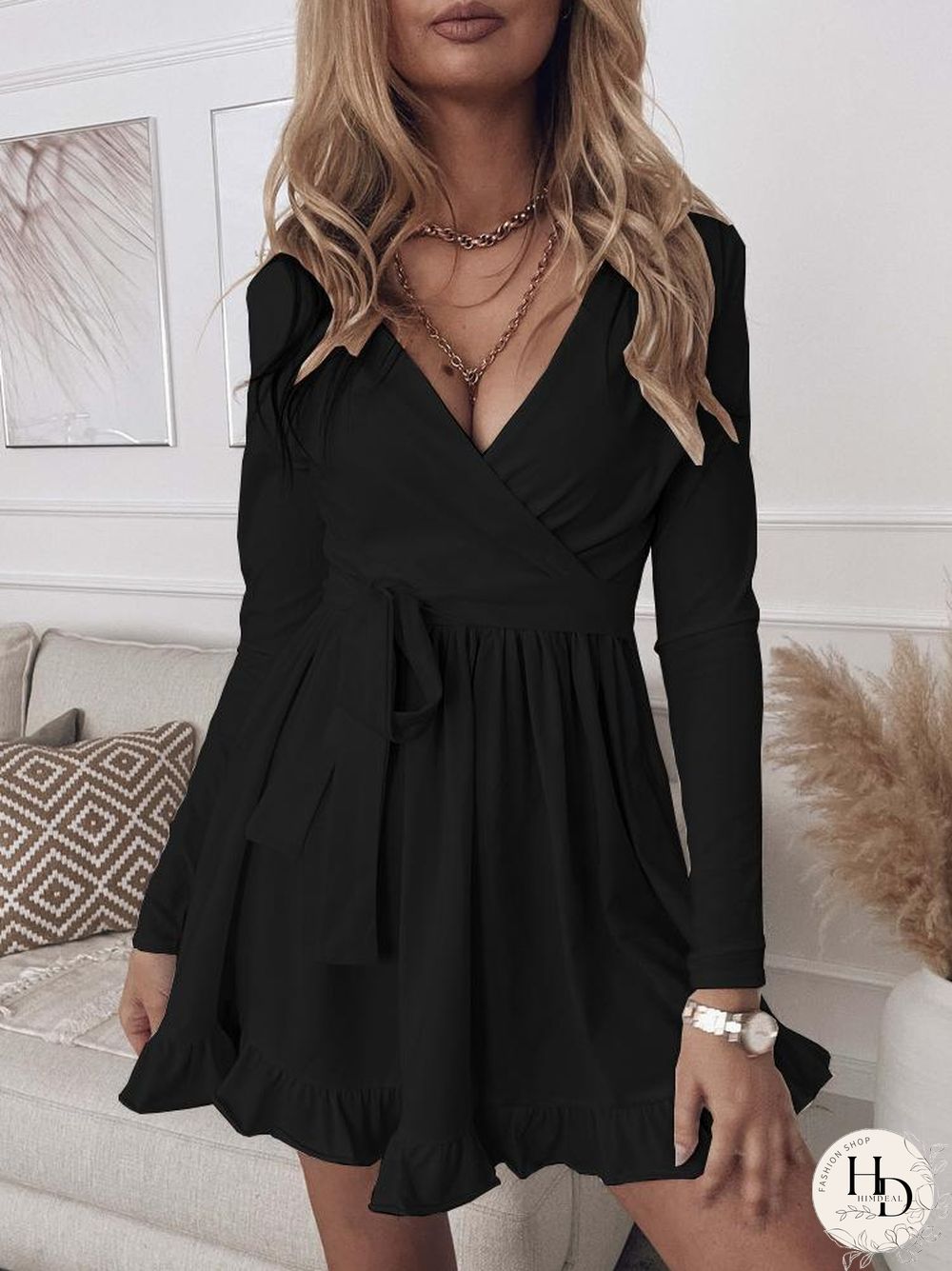 Women'S Dresses Slim Fit Deep V Neck Long Sleeve Mini Dress