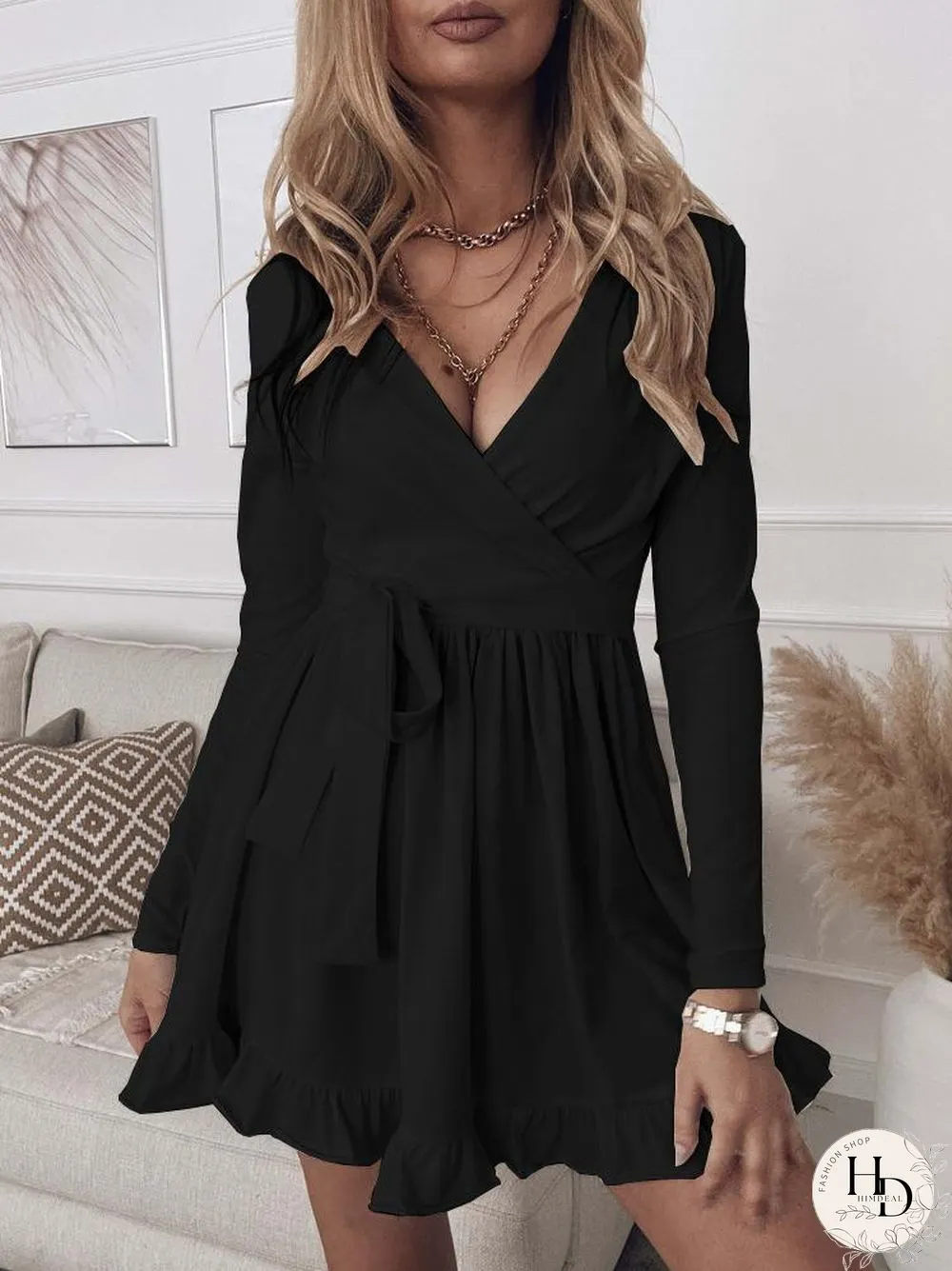 Women'S Dresses Slim Fit Deep V Neck Long Sleeve Mini Dress
