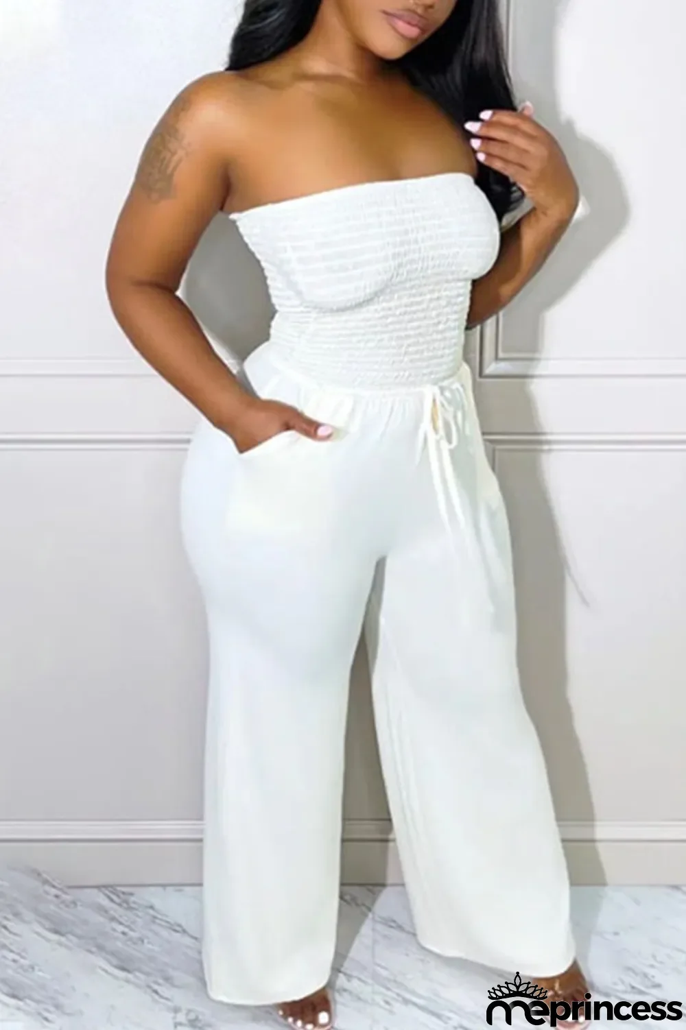 White Sexy Solid Patchwork Fold Strapless Straight Jumpsuits
