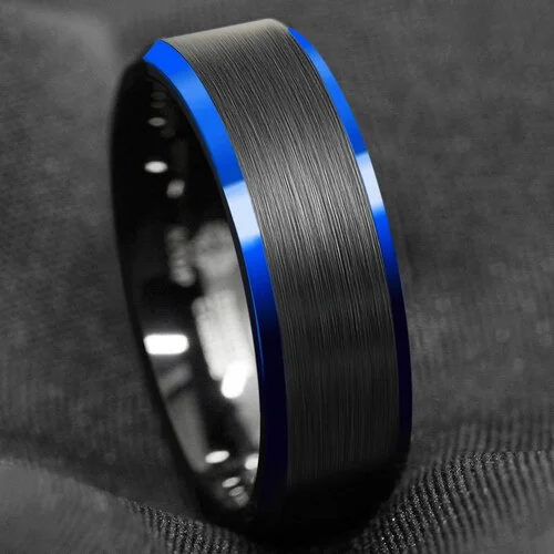 6MM 8MM Women's Or Men's Tungsten Carbide Wedding Blue Edge Ring with Black Matte Finish Top