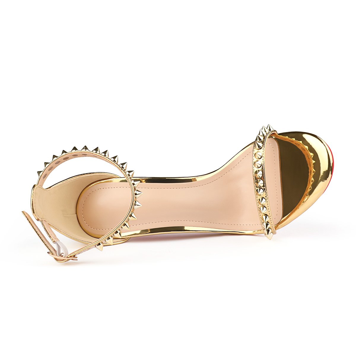 120mm Women's Pointed Toe Open Toe Rivet Ankle Strap Red Bottom Sandals Pumps Shoes-MERUMOTE