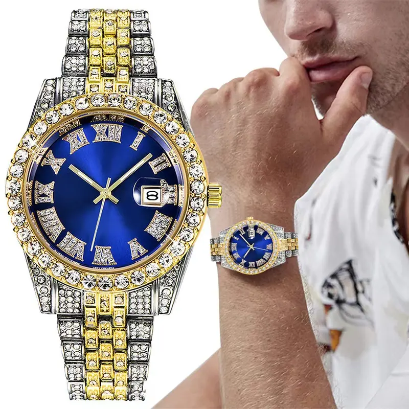 Product Introduction of 【Men's fashion must-have】European and American style hip-hop steel strap watch | Roman scale diamond calendar quartz watch | Red/green/blue/gold multi-color options | Luxury fashion men's watch | Fashionable men's outfit artifact 24
