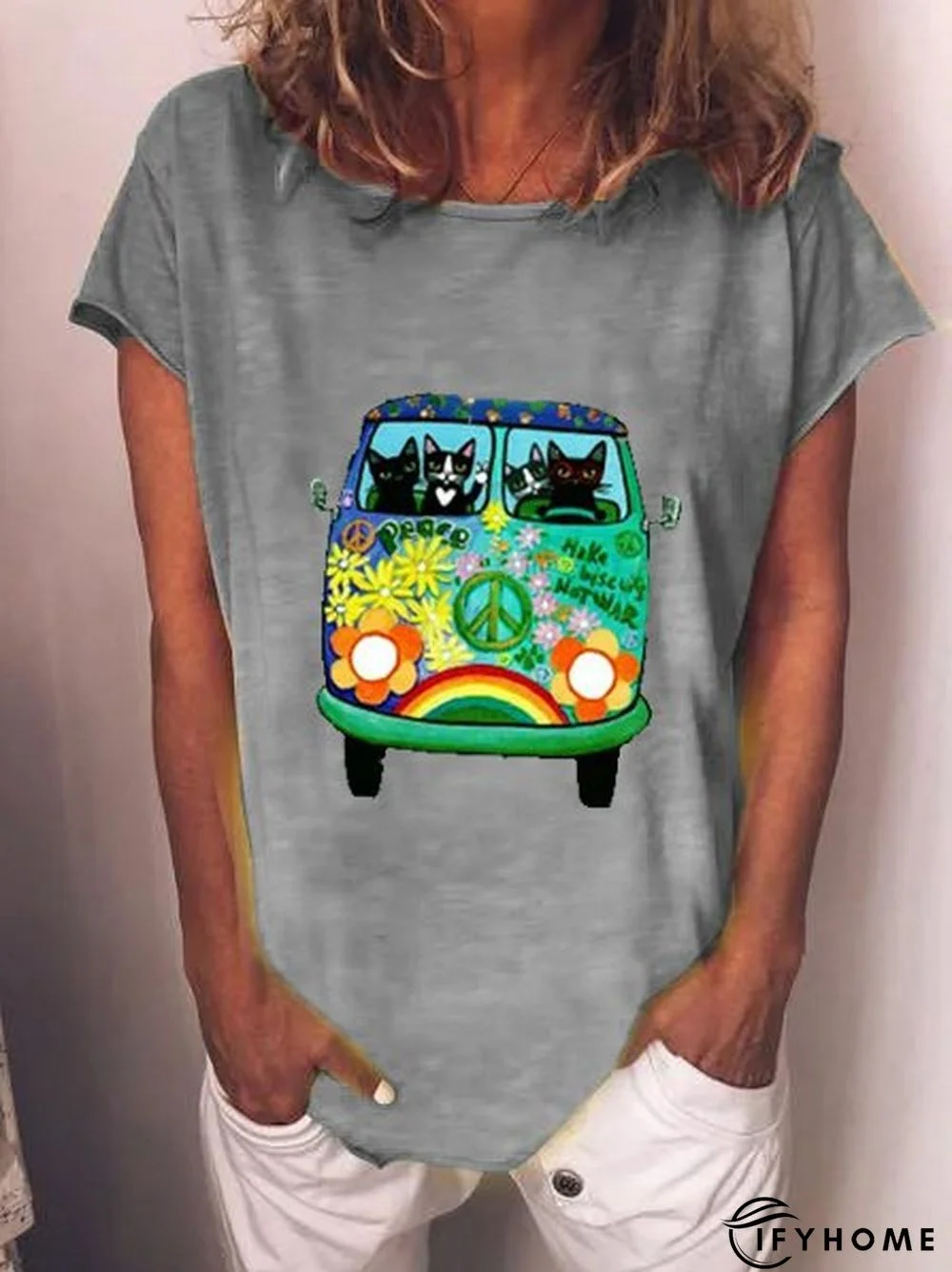 Printed Casual Crew Neck Cotton-Blend Tunic T-Shirt | IFYHOME