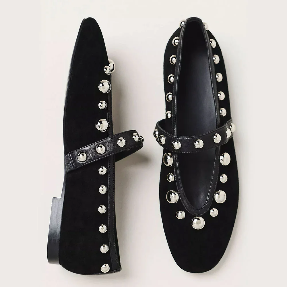 Classic Black Vegan Suede Round Toe Mary Jane Flats with Studded