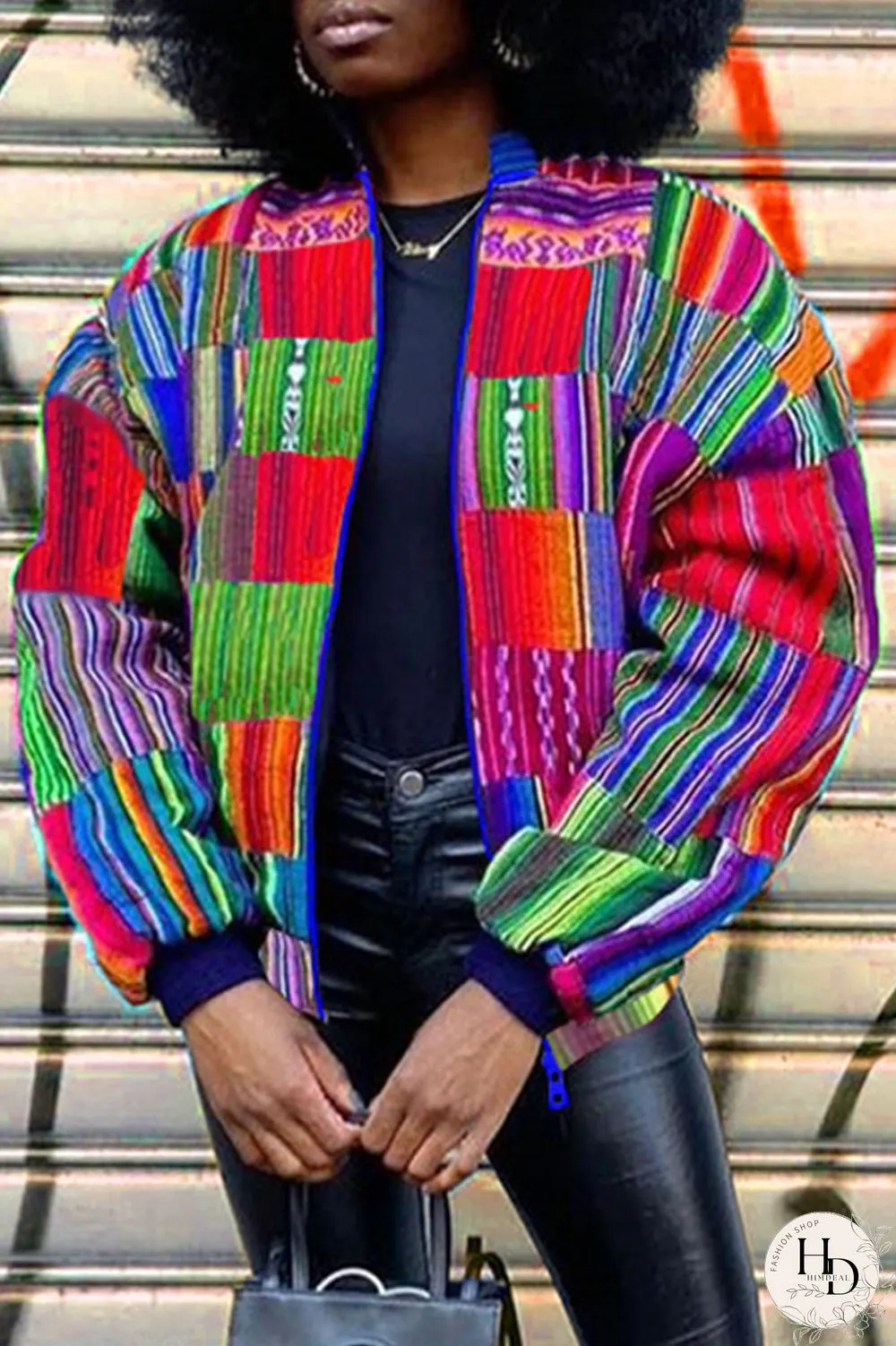 Colour Fashion Street Striped Print Split Joint Zipper Zipper Collar Outerwear
